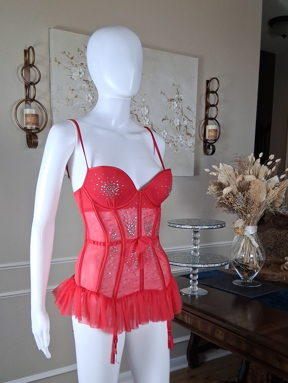 Victoria's Secret Runway Red Push-up Crystals Corset Garter Mini Dress Sexy 34C - Picture 9 of 16